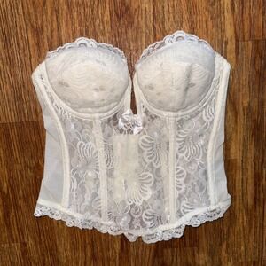 Vintage Jezebel White Lace Bustier Corset Top 34A Boned Lingerie Bridal Coquette